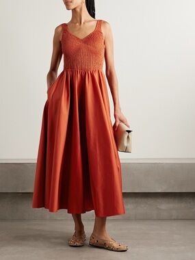 La Ligne Rust Orange Smocked Midi Dress